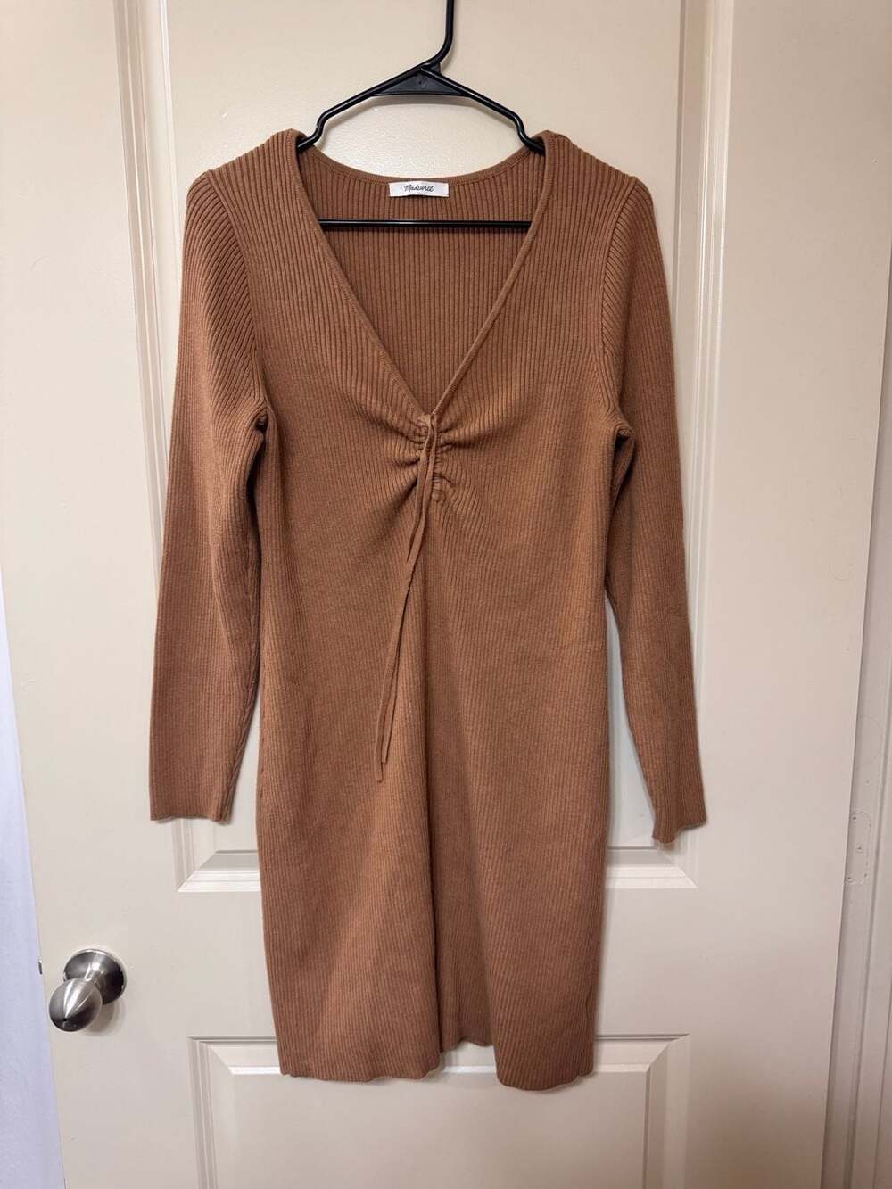 Madewell Ribbed Knit Long-Sleeve Tie-Front Ruched Bodycon Mini Dress